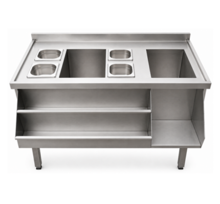 Mesa Bartender fabricada en acero inoxidable 304 de 120x60x90 con speedrack pileta de hielo y cubas